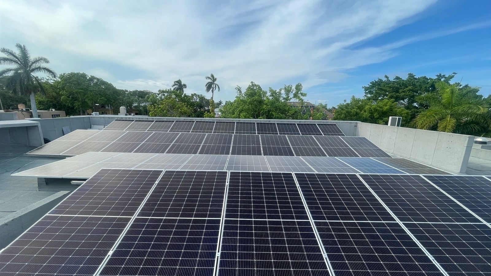 Gran arreglo de paneles solares en una azotea con cielo despejado, instalado por Ecolux