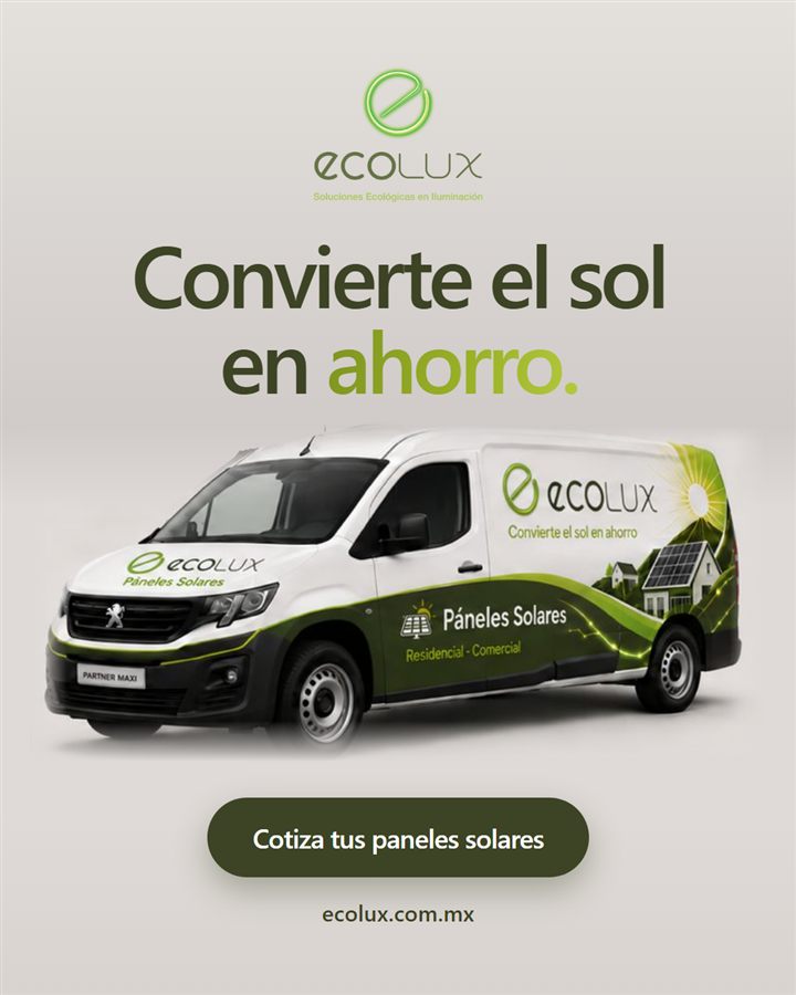Publicación de Ecolux: camioneta con la imagen de la empresa y el mensaje “Convierte el sol en ahorro”